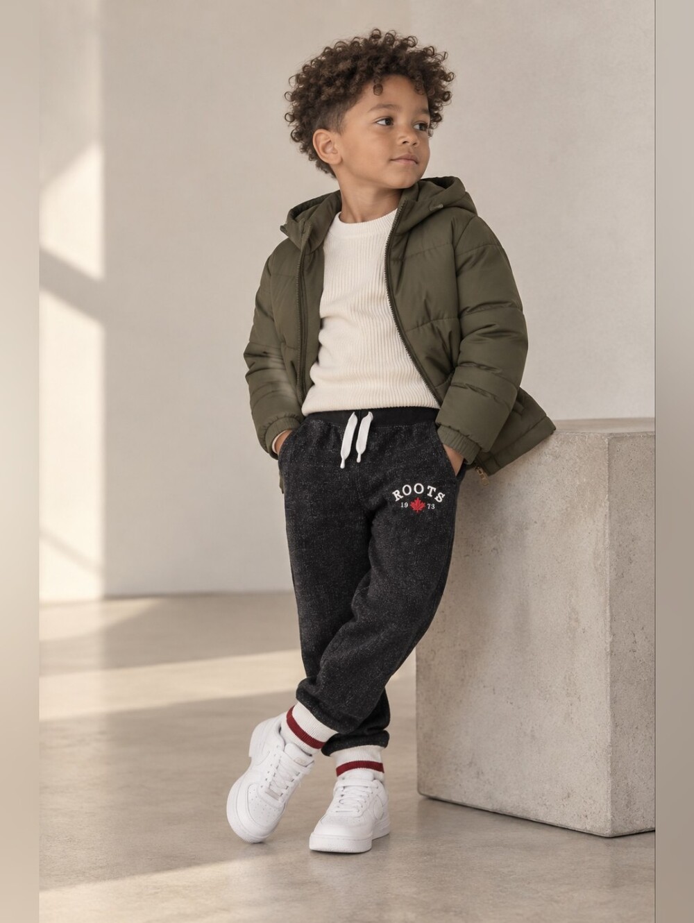 Roots Cabin Toddler Jogger Sweatpants 4T Salt & Pepper Fleece Lined Drawstring